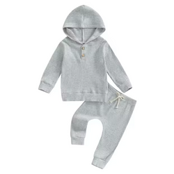 Hooded Ribbed Lounge Set - Grey