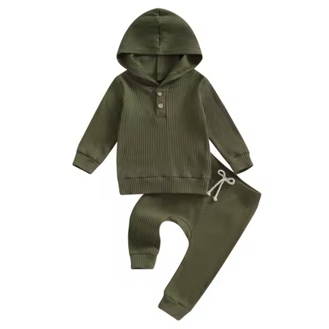 Hooded Ribbed Lounge Set - Green