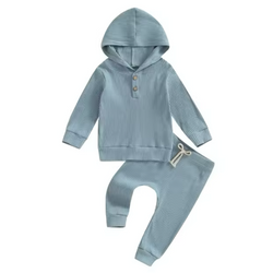 Hooded Ribbed Lounge Set - Blue